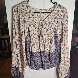 Olivaceous Cream and Purple Floral Blouse